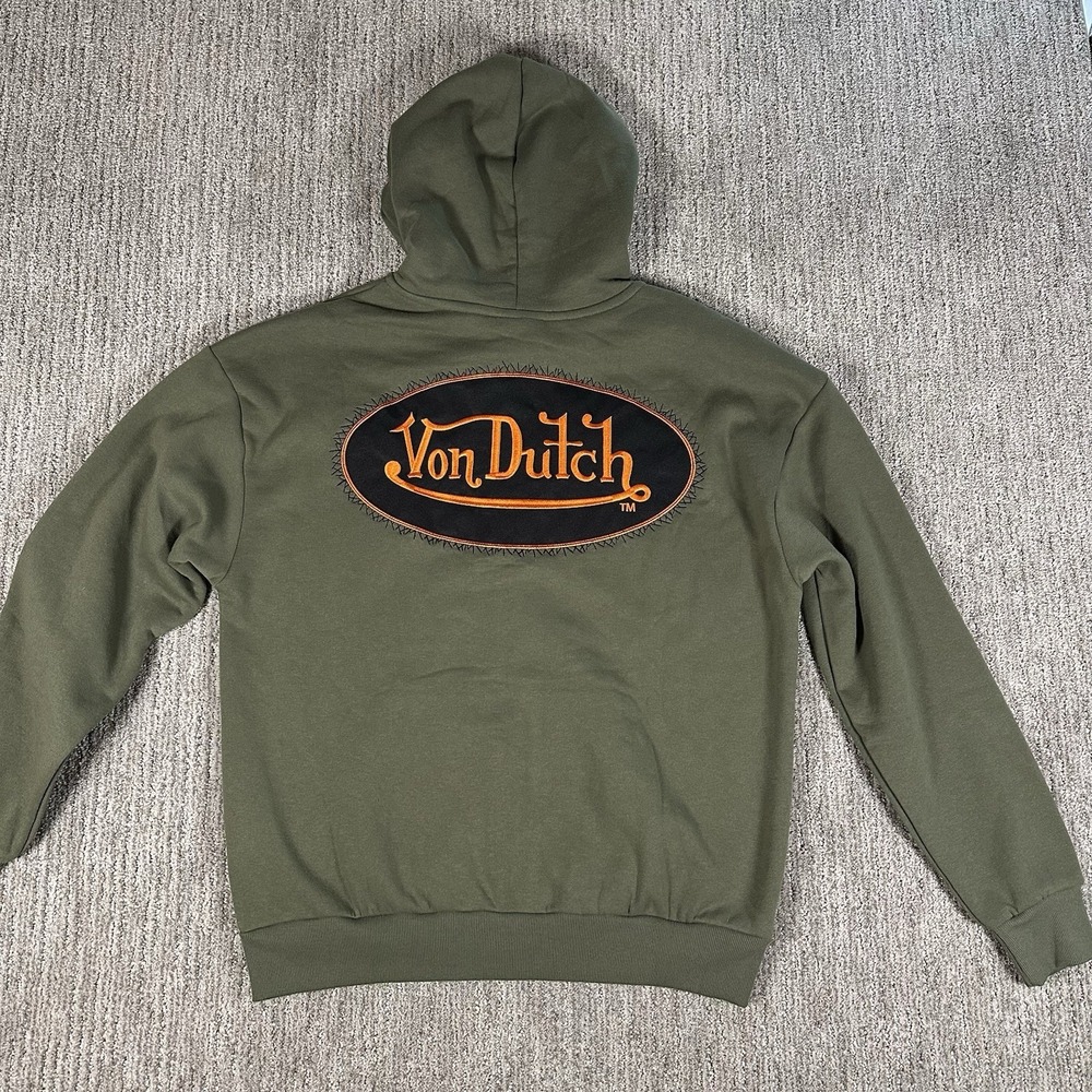 VON DUTCH Mens Sz M Full Zip Hoodie Embroidered Logo Green Orange Oversized‎ NWT - Picture 2 of 9